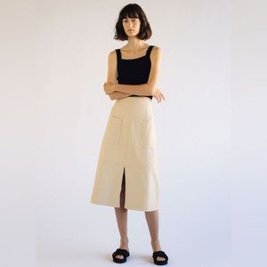 Mijeong Park Cream Faux Leather Midi Skirt Middle Slit XS